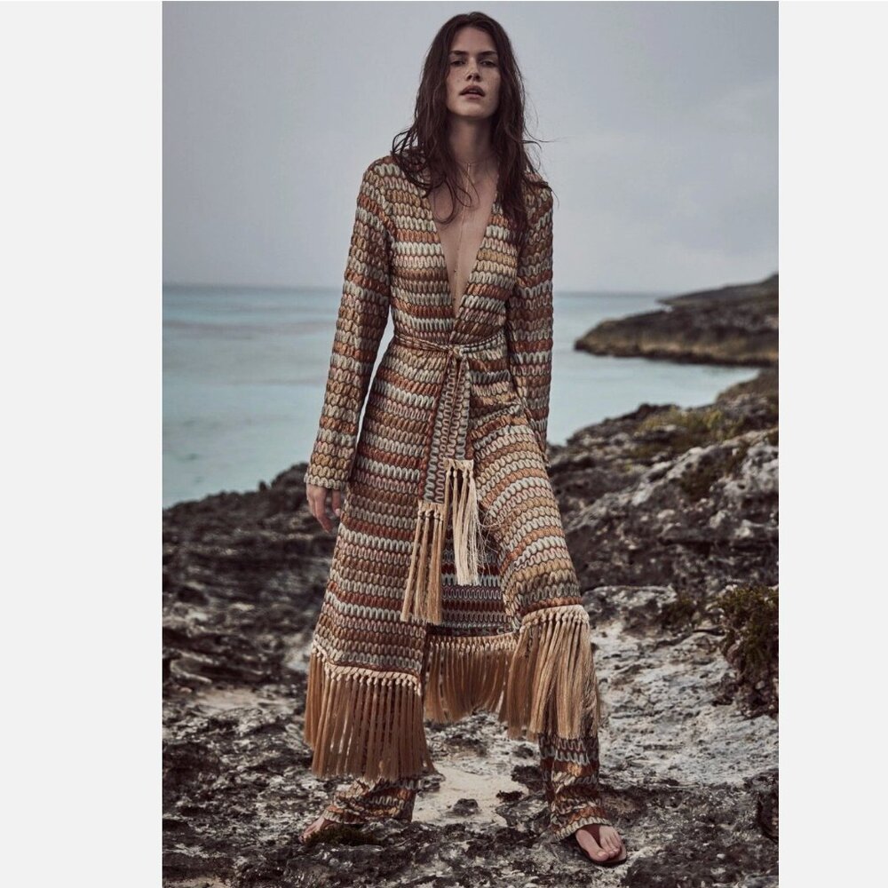 Alexis Geniste Fringe Chevron Kimono Robe Duster Maxi Dress